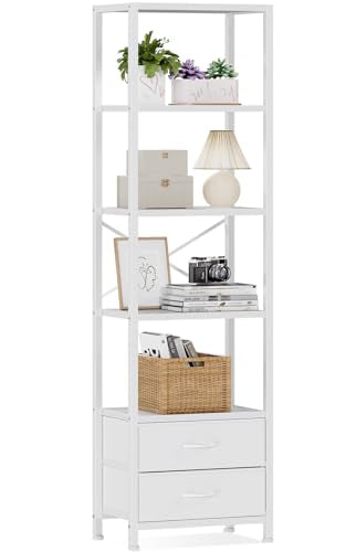 5-Tier Corner Shelf,Tall Narrow Bookshelf with Drawers,White | 65.16" H Bookcase with Fabric Bins and Metal Frame,Wood Display Shelves for Bedroom,Living Room,Home Office,Easy to Assemble - color: White, size: 5 Tier