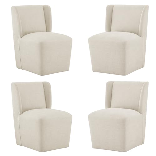 KISLOT Upholstered Dining Chairs Set of 4 with Casters, Wingback Modern Side Armless Deskchair with Rollers for Diningroom Bedroom Livingroom Reading Room, Cream Beige Fabric - color: A Cream Beige Fabric, size: Set of 4