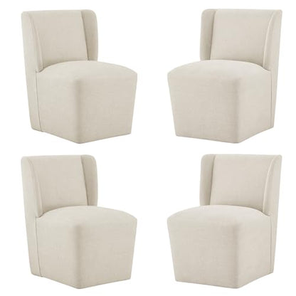 KISLOT Upholstered Dining Chairs Set of 4 with Casters, Wingback Modern Side Armless Deskchair with Rollers for Diningroom Bedroom Livingroom Reading Room, Cream Beige Fabric - color: A Cream Beige Fabric, size: Set of 4