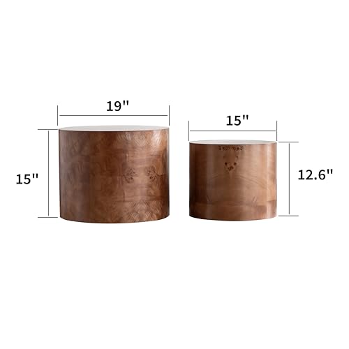 Nesting Coffee Table Set of 2, Modern Round Coffee Table, Wooden Circle Accent Tables for Small Spaces Living Room Bedroom Balcony Office Drum Side Table, Brown Burl - color: Brown Burl