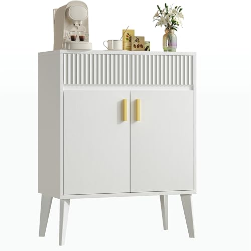 Sideboard Storage Cabinet with 2 Drawers & 2 Doors, Fluted Kitchen Buffet Cabinet with Adjustable Shelves, Coffee Bar Station for Living Room, Entryway, 13.8 x 27.6 x 35.6 Inches, White - color: White, size: 13.78"D x 27.56"W x 35.55"H