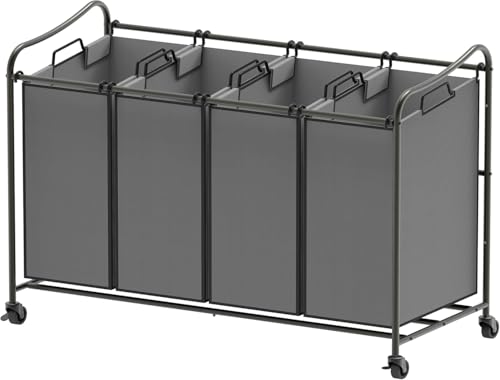 Simple Houseware 4-Bag Heavy Duty Laundry Sorter Rolling Cart, Dark Grey | Removable Bags and Lockable Wheels for Laundry Room Organization - color: Dark Grey