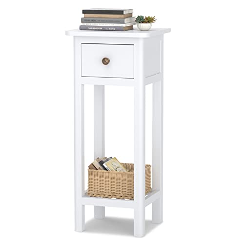 Giantex Tall End Table, Narrow Side Table with Drawer and Shelf, Acacia Wood Nightstand for Living Room, 2-Tier Bedside Table for Small Space, No Assembly, White - color: White
