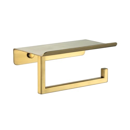 JQK Toilet Paper Holder Shelf, Bathroom Tissue Roll Holder with Phone Shelf, 5 Inch 304 Stainless Steel Tissue Paper Dispenser, Brushed Gold Finished Wall Mount, TPH202-BG - color: Gold