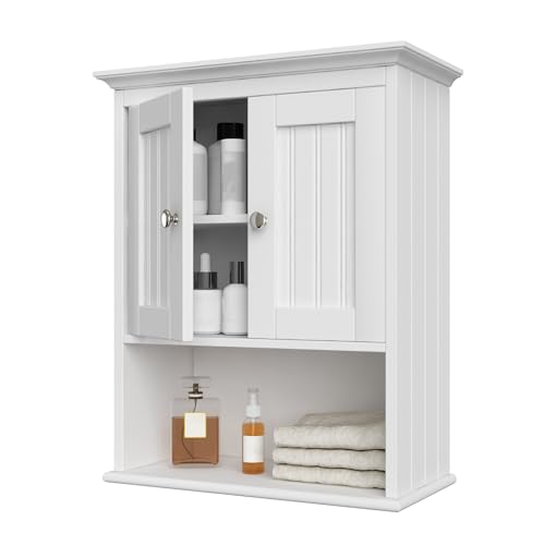 Treocho Wood Wall Cabinet, Bathroom Medicine Cabinet Storage with Doors and Adjustable Shelf, Rustic Cabinet Wall Mounted for Bathroom, Livingroom, Kitchen, Cupboard, White - color: White