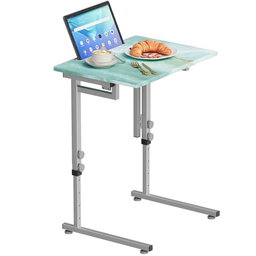 Folding Tv Tray Table,6 Height Adjustable Dinner Snack Slide Under Couch Side Table, Portable Foldable C-Shaped End Table for Eating with Sturdy MDF Top,No Assembly(Sea Blue+Silver) - color: Sea Blue+silver