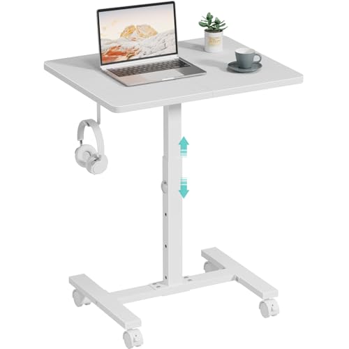 WINAZ Small Portable Rolling Desk Adjustable Height, 24 Inch Mobile Laptop Desk with Wheels for Dorm Room, C-Shaped Table for Sofa and Bed Side, Study Table for Students, White - color: White
