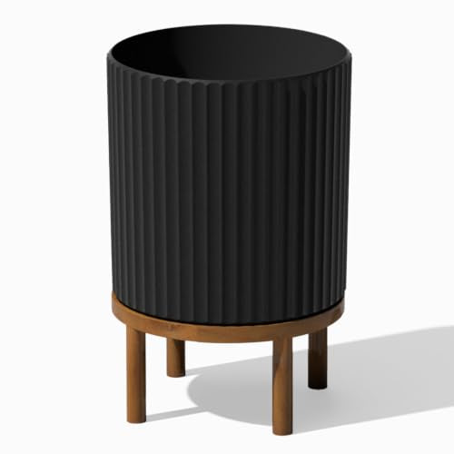 Veradek Demi Series Round Planter w/ Stand for Porch/Patio | Durable Plastic-Concrete & Wooden Stand | Modern Décor for Tall Plants, Flowers - color: Black/Brown, size: 12 Inch