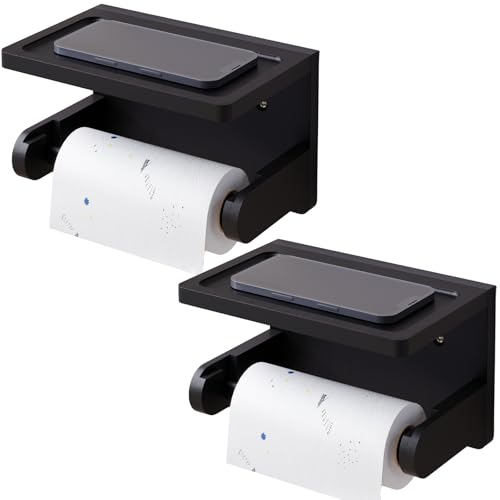 VERTORGAN 2 Pack Toilet Paper Holder with Phone Shelf,Bamboo Wall Mounted Tissue Roll Holder for Bathroom(Black) - color: Black, size: 2 PC