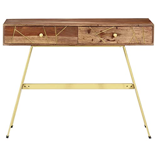 Industrial Writing Desk with 2 Drawers, Solid Acacia Wood Computer Desk for Home Office, 39.4x21.7x29.5 Inch Study Table with Sturdy Steel Legs
