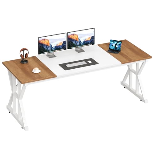 TVU Computer Desk, 63 inch Large Office Desk, Study Writing Table with Thicken Frame, Gaming Desk, Modern Simple Desk for Home Office, Brown/White - color: Brown+white, size: 63inch