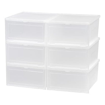 IRIS USA Stackable Shoe Storage Box with Latch Drop Front Door, 6-Pack, for Scarf Game Organizer Container with Ventilation Holes for Closet Under Bed Entryway Storage, Strudy, Wide, Clear - size: 18 Qt Drop Front - 6 Pack