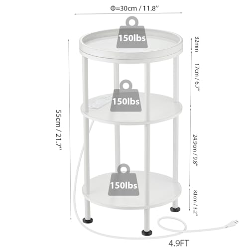Small Round End Table with Charging Station, 3-Tier Accent Couch Beside Table with USB Ports & Power Outlets, Sofa Side Table for Living Room Small Nightstand Bedroom (USB Charger, White) - color: White, style: USB Charger