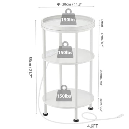 Small Round End Table with Charging Station, 3-Tier Accent Couch Beside Table with USB Ports & Power Outlets, Sofa Side Table for Living Room Small Nightstand Bedroom (USB Charger, White) - color: White, style: USB Charger