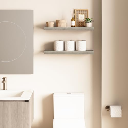 Ballucci Floating Shelves, 24" Wood Wall Shelf Set of 2, with Invisible Brackets for Bathroom, Living Room, Bedroom, Kitchen, Nursery, 6" Deep, Rustic Gray - color: Grey, size: 23.6 in (1.5)
