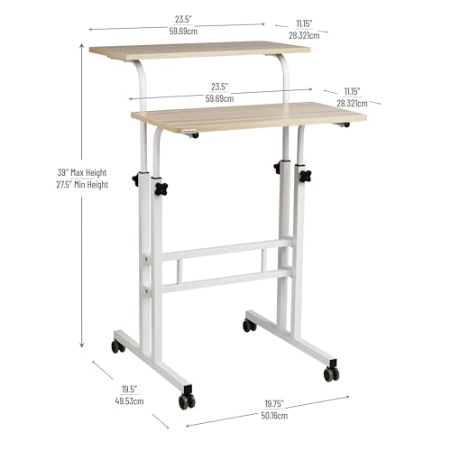 Mind Reader Standing Desk, Adjustable Height Laptop Workstation, Portable Rolling Desk on Wheels, Two-Tier Metal Frame, White - color: White