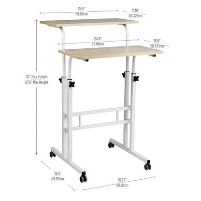 Mind Reader Standing Desk, Adjustable Height Laptop Workstation, Portable Rolling Desk on Wheels, Two-Tier Metal Frame, White - color: White