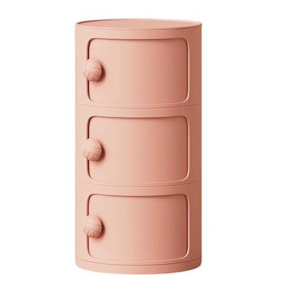 3 Tier Round Nightstand with Drawers, Plastic Pink Nightstand Modern Round Bedside Table with Handles and Sliding Door for Bedroom, Living Room - color: Pink