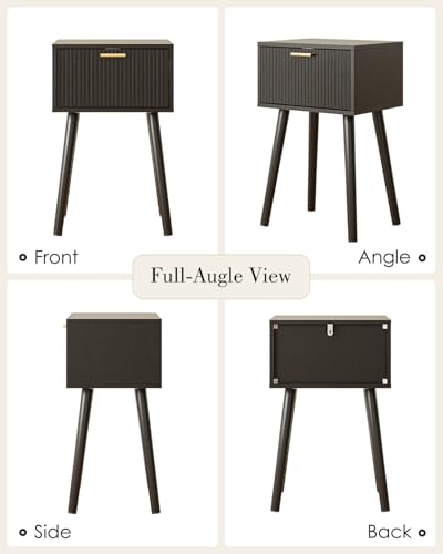 Night Stand Set 2, Black Nightstand with Fluted Doors, Small Modern Mid-Century Bedside Table for Bedroom, End Table for Living Room - color: Black