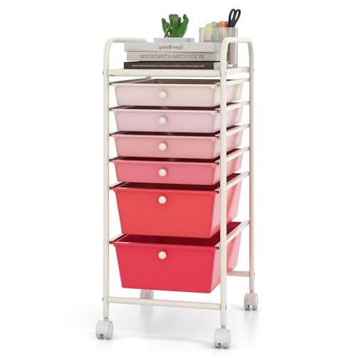 DREAMADE Rolling Cart with Storage Drawers, Utility Cart with Removable Plastic Drawers, Lockable Wheels, Art Cart for Classroom Organization Art Supplies Office Scrapbook (6 Drawers, Mixed-pink) - color: Mixed-pink, style: 6 Drawers