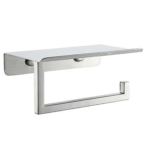 JQK Toilet Paper Holder Shelf, Bathroom Tissue Roll Holder with Phone Shelf, 5 Inch 304 Stainless Steel Tissue Paper Dispenser, Brushed Finished Wall Mount, TPH202-BN-T - color: Brushed