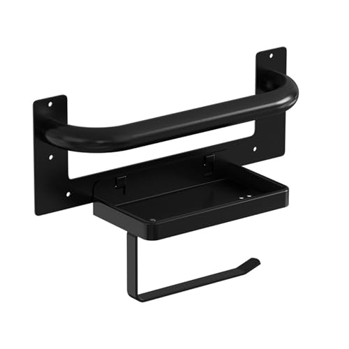Black Toilet Paper Holder with Assist Bar Toilet Grab Bar Stainless Steel - Assistance Handle with Toilet Roll Holder and Shelf Wall Mounted Grab Bars with Toilet Paper Holder for Elderly Seniors