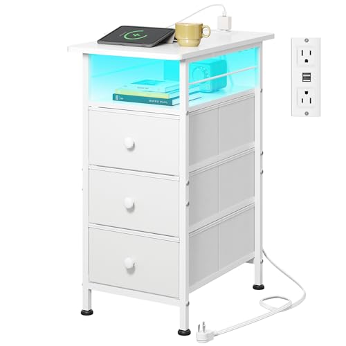 WLIVE Night Stand with Charging Station, End Table with 3 Fabric Drawers | LED Lights & Open Storage Shelf; Small Narrow Bedside Table for Living Room & Bedroom - color: White, size: 3 Drawers