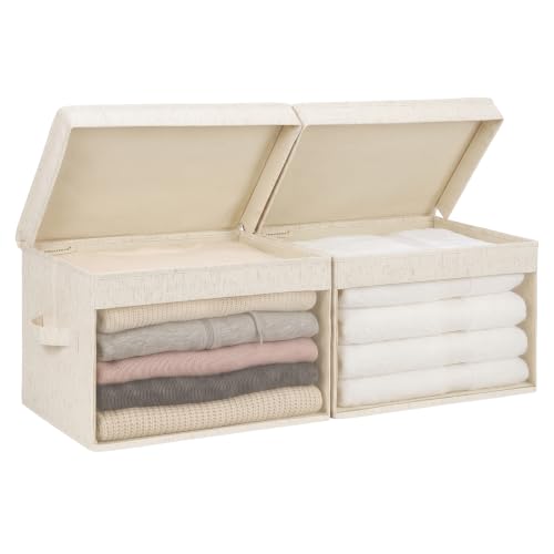 StorageWorks Fabric Storage Bins with Lids, Large Closet Storage Bins | Flip-Top Lid, Clear Window, Handles, Collapsible, for Clothes Blankets Books, Closet Box, Beige, 2-Pack - color: Rustic Linen(window), size: Large