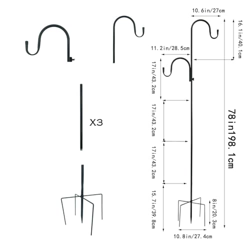 MIPON Adjustable 78/62/46/30 Inch Double Shepherds Hooks or Outdoor | Garden Shepards Hook for Outdoor Bird Feeder,Hanging Plants,Solar Light,3/4 Inch Width