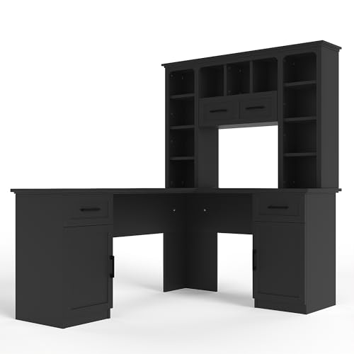 Bellemave L-Shaped Computer Desk with Drawers, Hutch and Bookshelf, Home Office Desk, Corner Gaming Computer Desk with Power Outlet, Study Table Writing Desk, Black - color: Black