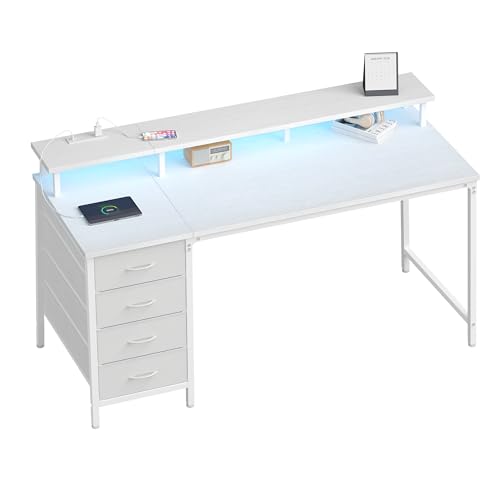 DUMOS 40-Inch Gaming Desk with Power Outlets and LED Lights, White | Computer Desk with 4 Storage Drawers, Home Office Desk with Monitor Stand, Small Desk for Bedroom Study - size: 40-In