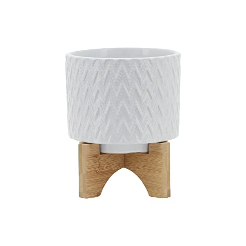 Modern Ceramic Planters with Wood Stand for Home Decor Elegant Flower Pots for Entryway, Garden, and Patio - Decorative Raised Container for Indoor and Outdoor Plants - 8", White & Tan - color: Chevron White
