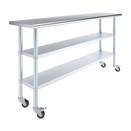 AmGood Stainless Steel Work Table with 2 Shelves and Casters | Metal Utility Table On Wheels (Stainless Steel Work Table with 2 Shelves + Casters, 72" Long x 18" Deep) - size: 72" Long x 18" Deep