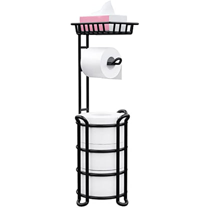 Toilet Paper Holder Stand with Shelf, Free Standing Tissue Roll Storage Rack with Dispenser for Bathroom, Black - color: Black