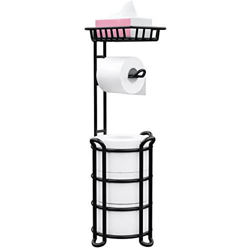 Toilet Paper Holder Stand with Shelf, Free Standing Tissue Roll Storage Rack with Dispenser for Bathroom, Black - color: Black