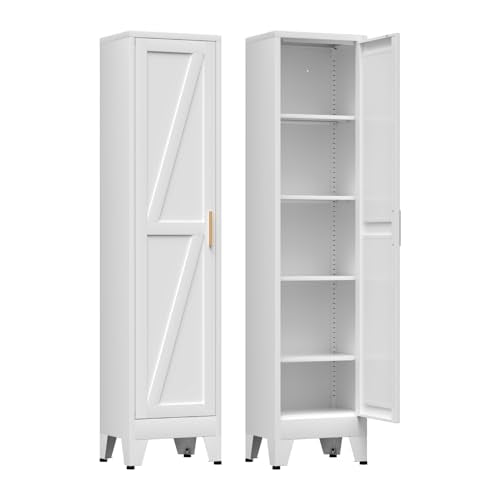 COFaR 67'' Tall Slim Bathroom Storage Cabinet, Metal Narrow Pantry Cabinet with 4 Adjustable Shelves and One Door, Skinny Cabinet Storage for Kitchen Laundry, White Farmhouse 5 Tiers - color: White, size: 67 Tall 1 Door