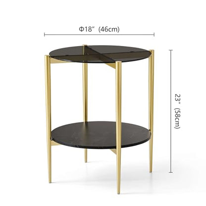 LumFurn Round Glass End Table, Mid-Century Modern Design Sofa Table for Living Room, D18 x H23 in, 2-Tier Structure, Grey Glass Top and Black Marble Shelf, Sleek Conical Legs with Gold Finish Frame - color: Grey & Black Marble, size: D18" Round End Table