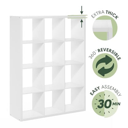 Furinno Cubicle Book Shelf, 12-Cube Bookshelf, Extra Thick Frame Reversible Bookcase with Open Back, 14.6" x 44" x 58", for Living Room, Bedroom, Home Office, White - color: White, size: 12-Cube