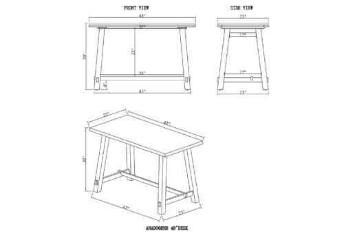 Alaterre Furniture Adam 48 in. Solid Pine Wood Desk, Rustic Industrial Style with Distressed Black Sawhorse Legs, Natural Wood Finish, Home Office Workstation, 48 in. W x 23 in. D x 30 in. H - size: 48"W