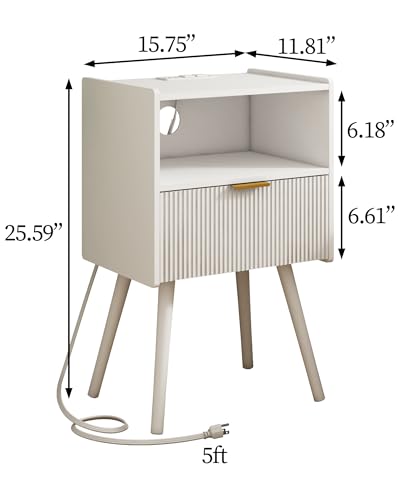 JOONEE White Nightstand with Outlet,Modern Bedside Table with Storage Drawer and Open Wood Shelf, for Living Room, Bedroom and Small Spaces, Accent Night Stand with Solid Wood Legs, Easy Assembly - color: White-outlet