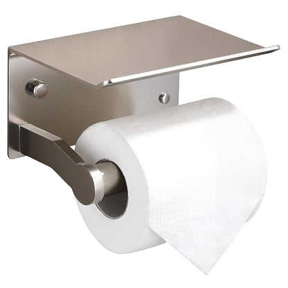 Homely Trove Toilet Paper Holder with Shelf - Self Adhesive Tissue Towel Dispenser or Wall Mounted Toilet Paper Roll Holder - Rustproof Bathroom Phone Holder Tissue Holder Brushed Nickel - color: Silver