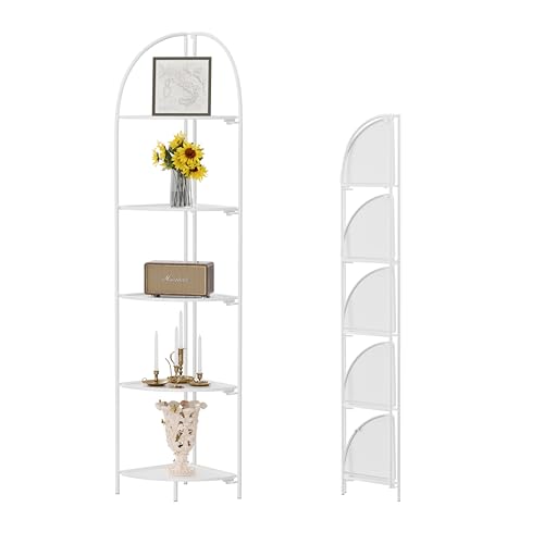 Crofy 5-Tier Foldable Corner Shelf, Metal White Frame & Shelves | Corner Plant Stand, Corner Display Rack, Multipurpose Shelving Unit for Living Room, Bedroom and Bathroom - color: White Frame & White Shelf, size: 5 Tier