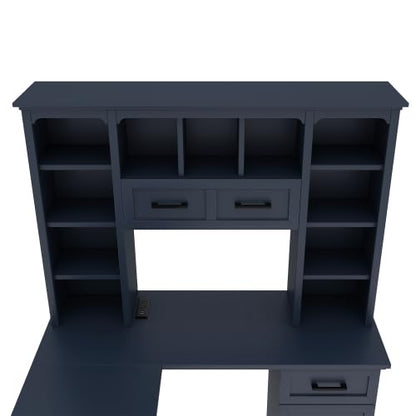 Bellemave L-Shaped Computer Desk with Drawers, Hutch and Bookshelf, Home Office Desk, Corner Gaming Computer Desk with Power Outlet, Study Table Writing Desk, Antique Blue - color: Antique Blue