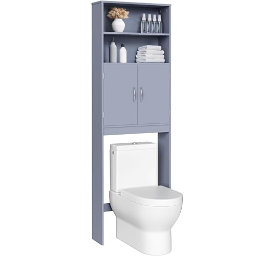 Yaheetech 77'' H Over the Toilet Storage Cabinet, Bathroom Organizer, Gray | Freestanding Cabinet with Adjustable Shelf for Small Space, Slim 8'' Depth, 2 Doors Hide Clutter, Anti-Tip Kit Included