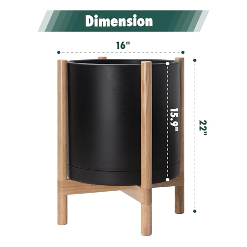 D'vine Dev Plastic Pot with Natural Wood Stand, Black, 16 in, 55-C-Y-2 | Mid-Century Inspired Design, Elevated Plant Display, Clean Lines, Sturdy Support, Modern Space-Saving Style - color: Matte Black Pot + Natural Stand, size: 16 Inch