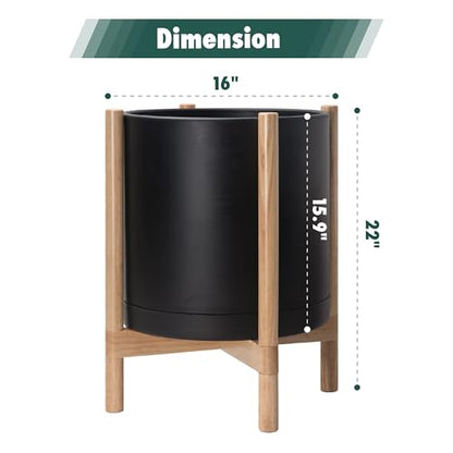 D'vine Dev Plastic Pot with Natural Wood Stand, Black, 16 in, 55-C-Y-2 | Mid-Century Inspired Design, Elevated Plant Display, Clean Lines, Sturdy Support, Modern Space-Saving Style - color: Matte Black Pot + Natural Stand, size: 16 Inch