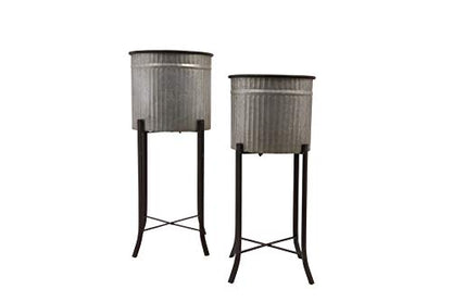 Creative Co-Op Set of 2 Iron Planters on Stands - color: Silver and Black, size: 13.5" diameter x 31" H
