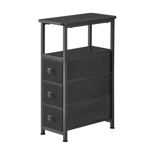 End Table, Narrow Side Table with 3 Fabric Drawers, Slim Nightstand, Small Bedside Table with Storage, Living Room, Bedroom, Black HKET1300BK - color: Black, size: 7.9" W x 15.7" D, style: No Power