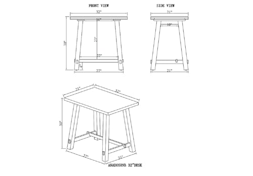 Adam 32 in. Solid Pine Wood Desk, Rustic Industrial Style, Distressed Black Sawhorse Legs, Compact Office Desk, Natural Wood Characteristics, 32 in. W x 21 in. D x 30 in. H, Ideal for Home Office - size: 32"W