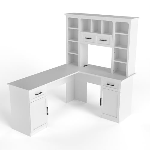 L-Shaped Home Executive Desk with 2 Cabinets and 2 Drawers, Computer Desk with Power Outlet, 11 Open Shelves and 1 Right Flip Shelf with Storage for Study, Living Room and Office (White-02) - color: White-02